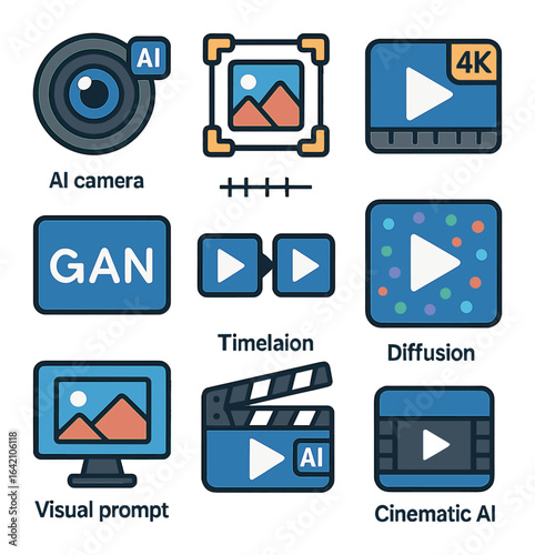 AI Video Icon Set. Flat icon set of video generation models: AI camera lens, frame generator, timeline icon,
