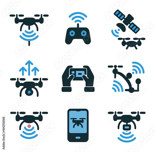 Drone Communication Icons. Flat icon set of drone communication systems: drone antenna, control signal,