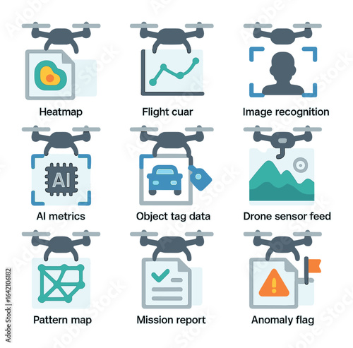 Drone Data Icon Set. Flat icon set of drone data analytics: heatmap report, flight log chart, image