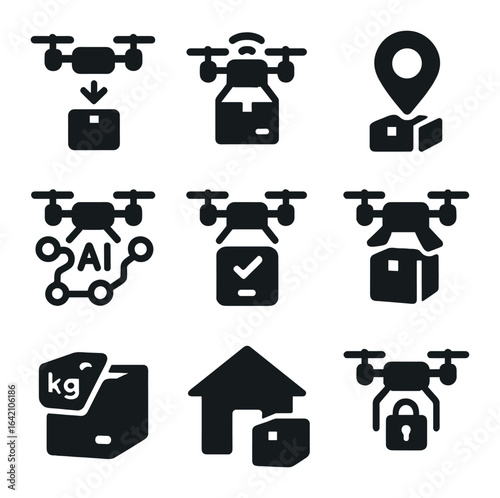 Drone Delivery Icons. Flat icon set of delivery drones: parcel drop, drone with package, delivery location pin