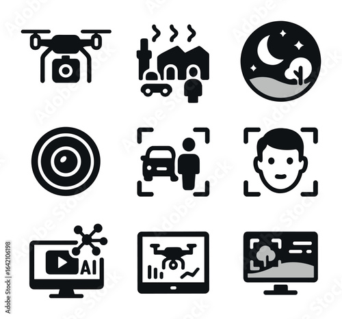 Drone Vision Icon Set. Flat icon set of drone vision systems: onboard camera, thermal view, night vision, zoom