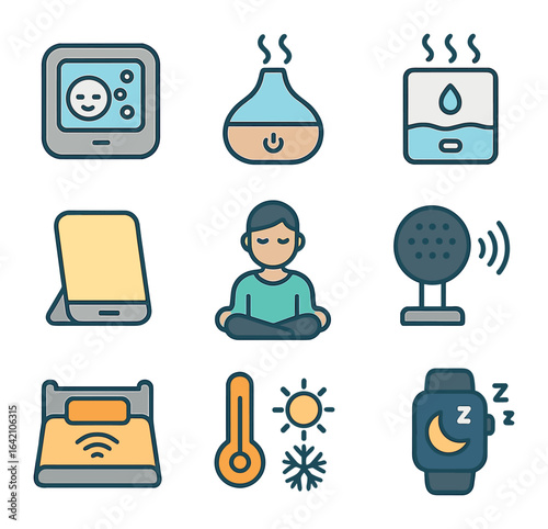 Home Wellness Tech Icons. Flat icon set of home wellness technology: air quality monitor, aromatherapy