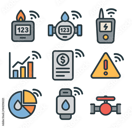 Utility Monitoring Icons. Flat icon set of connected utility monitoring: gas monitor, smart water meter,