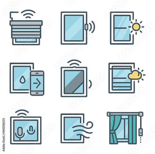 Smart Window Icon Set. Flat icon set of smart window systems: automated blinds, window sensor, sunlight meter,