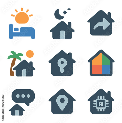 Smart Home Icons. Flat icon set of smart home routines: wake-up routine, bedtime mode, away automation,