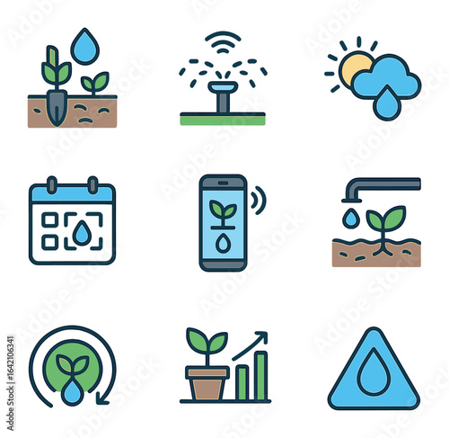 Smart Irrigation Icons. Flat icon set of smart irrigation systems: moisture sensor, smart sprinkler, weather