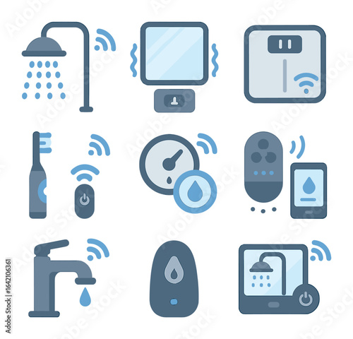 Smart Bathroom Icons. Flat icon set of smart bathroom technology: digital shower, heated mirror, smart scale,