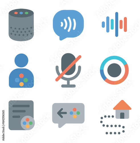 Smart Home Icons. Flat icon set of home voice assistants: smart speaker, wake word icon, voice waveform,