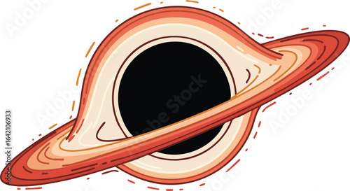 Black hole with glowing rings and swirling gaseous accretion disk vector illustration in space environment 