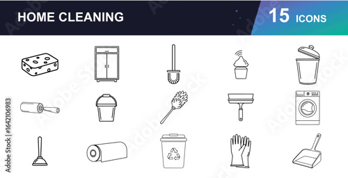 Modern Home Cleaning & Organization Vector Icons. Featuring broom, mop, vacuum cleaner, sponge, laundry basket, hanger, iron, washing machine, cleaning brush, trash can