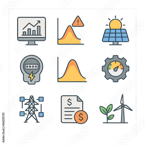 Energy Icon Set. Flat icon set of energy consumption prediction: usage forecast, demand peak, solar input,