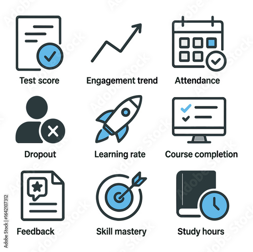 Student Performance Icons. Flat icon set of student performance prediction: test score, engagement trend,