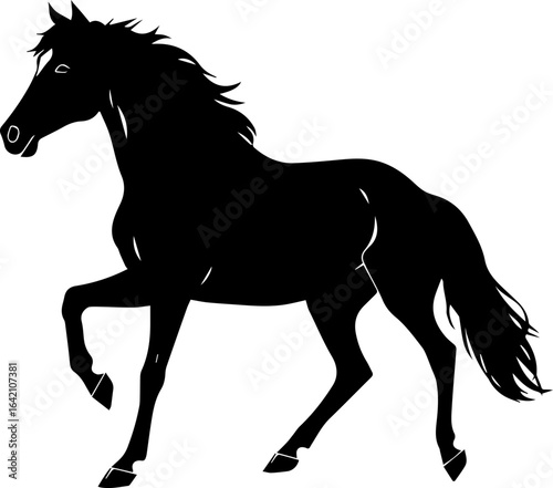  Horse trotting gracefully silhouette vector, black horse with raised front leg isolated on white background