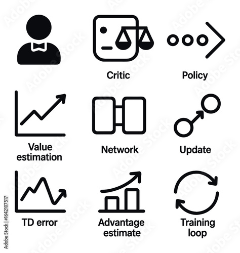 Actor-Critic Icon Set. Flat icon set of actor-critic models: actor icon, critic symbol, policy output, value