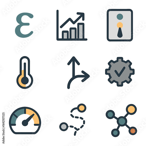 Exploration Strategy Icons. Flat icon set of exploration strategies: epsilon symbol, epsilon-greedy chart,