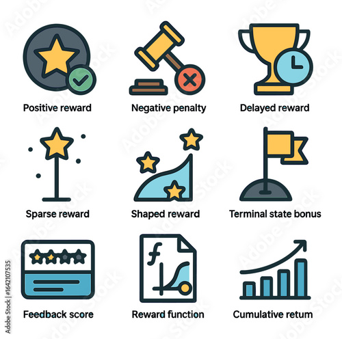 Reward Design Icons. Flat icon set of reward design in RL: positive reward icon, negative penalty, delayed