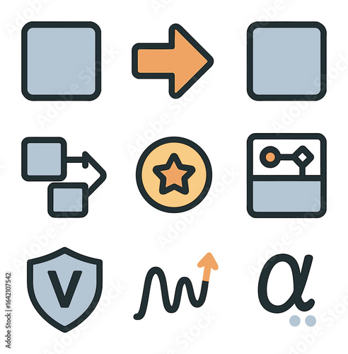 Reinforcement Learning Icons. Flat icon set of reinforcement learning components: state box, action arrow,