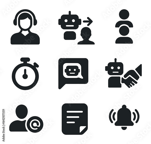 Modern Support Icon Set. Flat icon set of bot-to-human handoff: agent avatar, transfer button, queue icon,