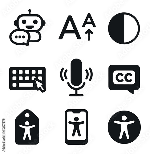 Chatbot Accessibility Icons. Flat icon set of chatbot accessibility: screen reader icon, text resize, high