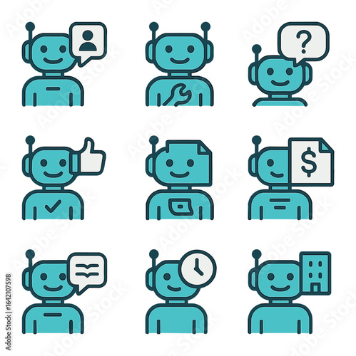 Enterprise Chatbot Icons. Flat icon set of enterprise chatbots: HR bot, IT assistant, internal query, employee