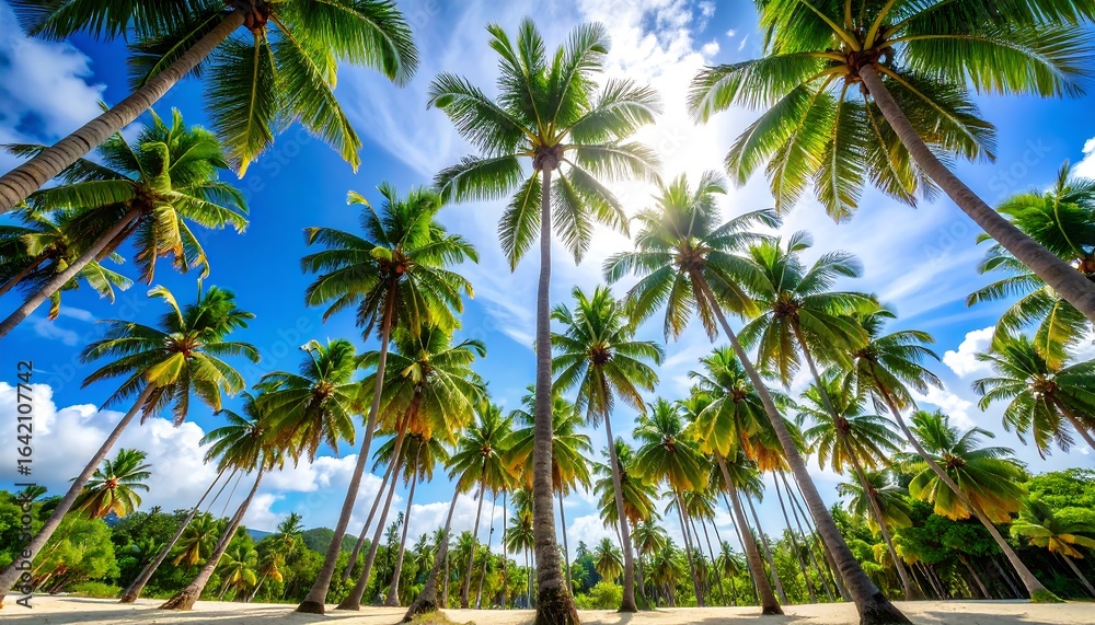 Fototapeta premium Tropical beach palms, bright sky
