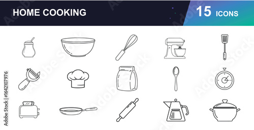 Modern Kitchen & Home Cooking Vector Icons. Featuring whisk, rolling pin, oven, chef hat, frying pan, measuring cup, mixing bowl, and more. Minimalist line art collection for culinary blogs