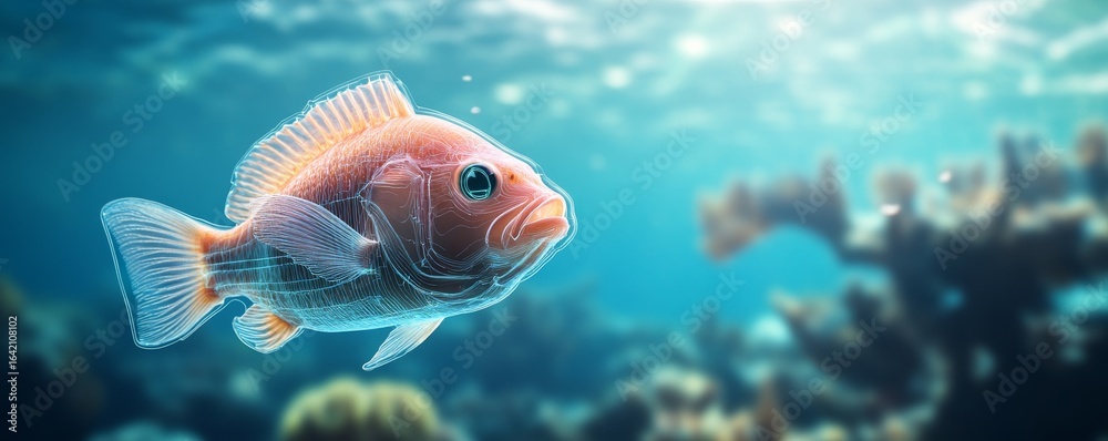 Fototapeta premium Abstract Fish in Blue, Oceanic Concept, lineart , marine