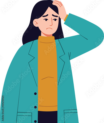 Worried woman with dark hair in teal coat and mustard sweater expressing concern vector illustration 