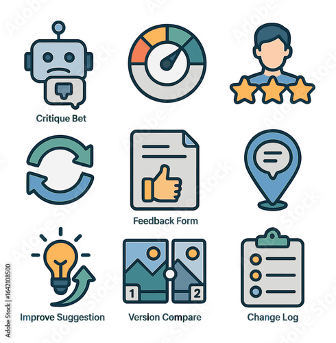 AI Feedback Icons. Flat icon set of AI art feedback tools: critique bot, score wheel, user star rating,