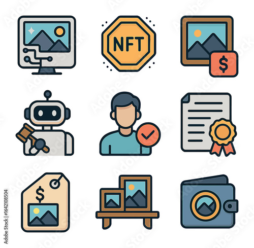 AI Art Marketplace Icons. Flat icon set of AI art marketplaces: digital gallery, NFT token, sell art icon,