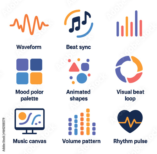 AI Music Visualizer Icons. Flat icon set of AI music visualizers: waveform icon, beat sync, sound-reactive