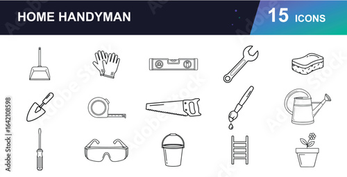 Home Handyman & Garden Tools Icon Set. Features DIY, maintenance, repair, gardening, cleaning, building, and household equipment including hammer, screwdriver, rake, shovel, ladder, broom. Vector.