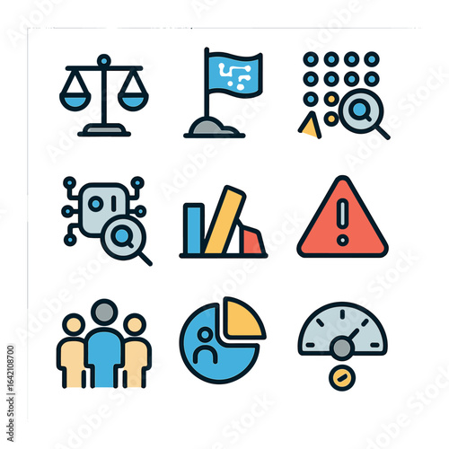 AI Bias Detection Icons. Flat icon set of AI bias detection: fairness scale, algorithm flag, dataset audit,