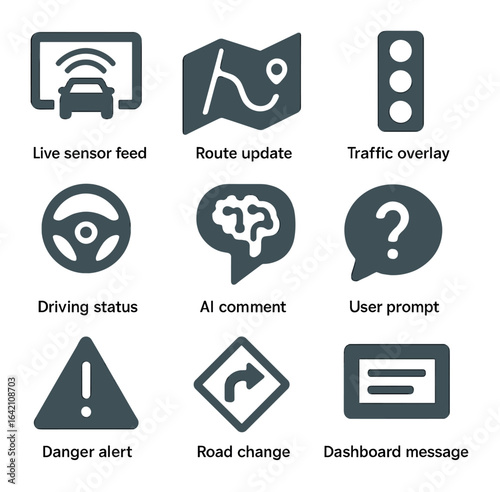 AV Feedback Icon Set. Flat icon set of real-time AV feedback: live sensor feed, route update, traffic overlay,