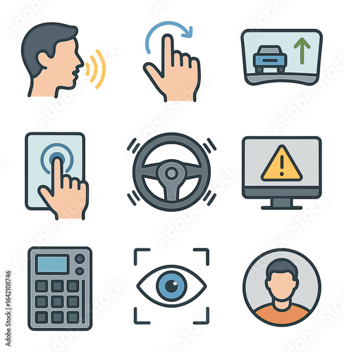Human-Machine Interface Icons. Flat icon set of human-machine interface: voice command, gesture control,
