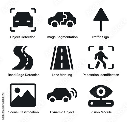 Perception Systems Icon Grid. Flat icon set of perception systems: object detection, image segmentation,