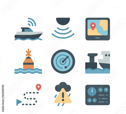 Autonomous Marine Icons. Flat icon set of autonomous marine vehicles: self-driving boat, sonar sensor,