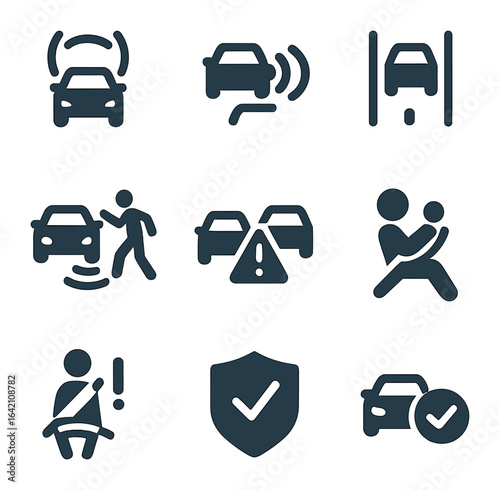 Vehicle Safety Icons. Flat icon set of vehicle safety features: emergency brake, blind spot alert, lane keep,