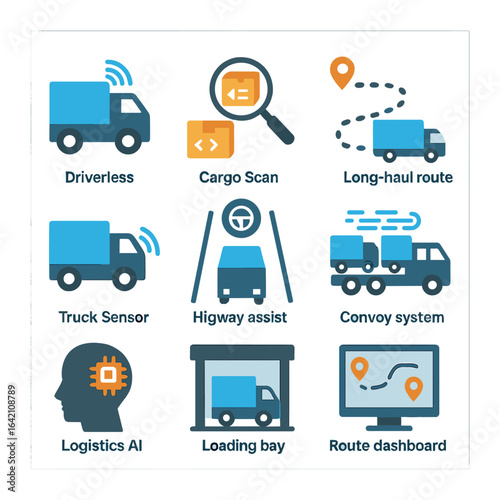 Autonomous Trucks Icon Set. Flat icon set of autonomous trucks: driverless truck, cargo scan, long-haul route,