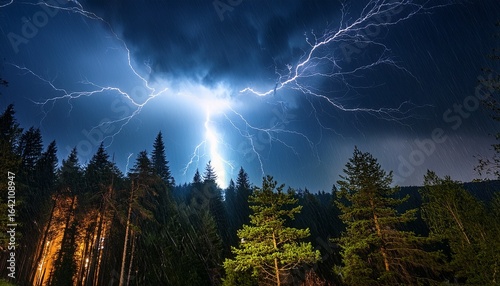 beautiful lightning during a thunderstorm at night in a forest that caused a fire against a dark sky with rain