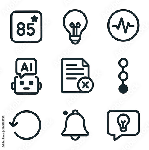 Real-Time Learning Icons. Flat icon set of real-time learning feedback: instant score, hint icon, progress