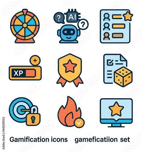 Gamification Icon Set. Flat icon set of gamification with AI: reward wheel, AI quiz bot, leaderboard, XP