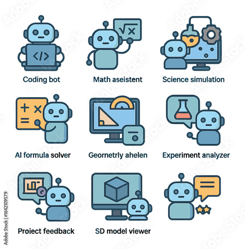 AI in STEM Icons. Flat icon set of AI in STEM education: coding bot, math assistant, science simulation,