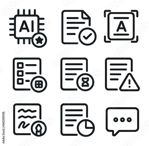 AI Grading Icons Set. Flat icon set of AI grading systems: auto-score icon, assignment check, exam scan,