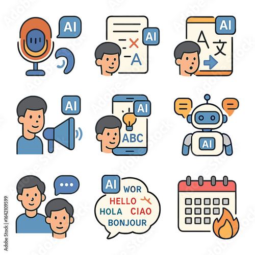 AI Language Learning Icons. Flat icon set of AI in language learning: voice feedback, grammar correction,