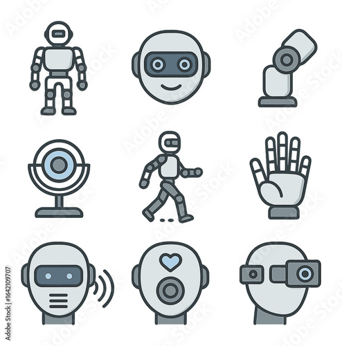 Humanoid Robot Icons. Flat icon set of humanoid robots: bipedal robot, expressive face, joint module, balance