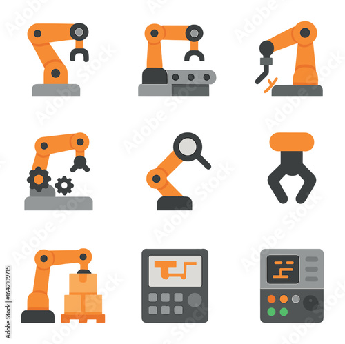 Industrial Robotics Icons. Flat icon set of industrial robotics: factory robot, conveyor manipulator, welding