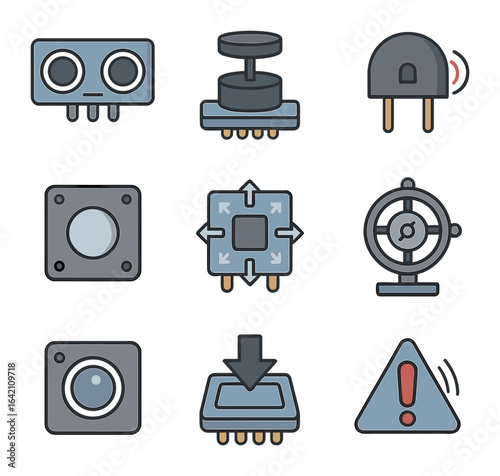 Robot Sensor Icons. Flat icon set of robot sensors: ultrasonic sensor, LIDAR module, infrared detector, touch