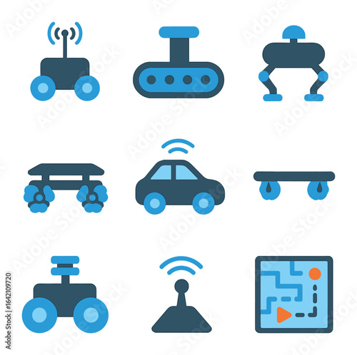 Mobile Robots Icons. Flat icon set of mobile robots: wheeled robot, tracked robot, legged bot, omni-wheel base