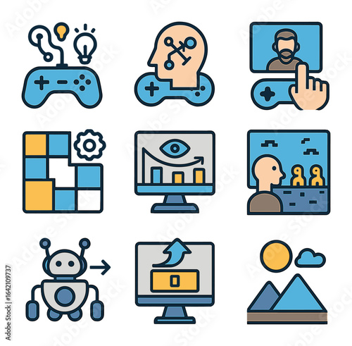 Deep Learning Gaming Icons. Flat icon set of deep learning in gaming: AI opponent, strategy learner, character